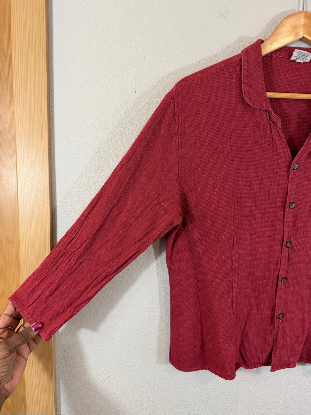 CP Shades Button Down Shirt Size L Burgundy Wine Red Boxy 3/4 Sleeve Lagenlook - Picture 3 of 7